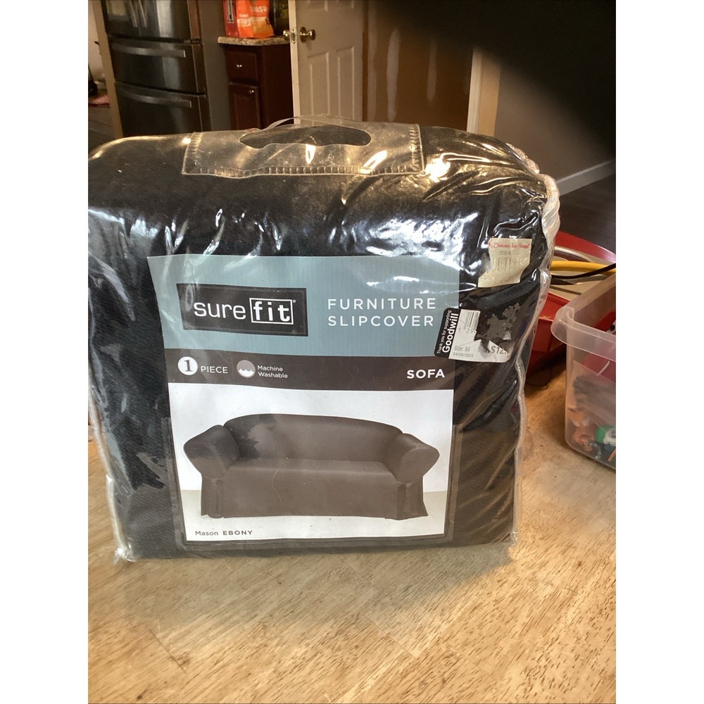 Sure Fit Mason Sofa Slipcover One Piece Ebony Black Polyester 74-96in NIP